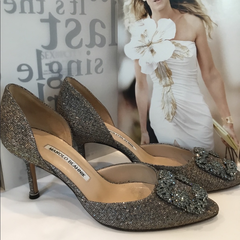 Manolo Blahnik Hangisi D,sorsay metallic 70 mm heel pump.